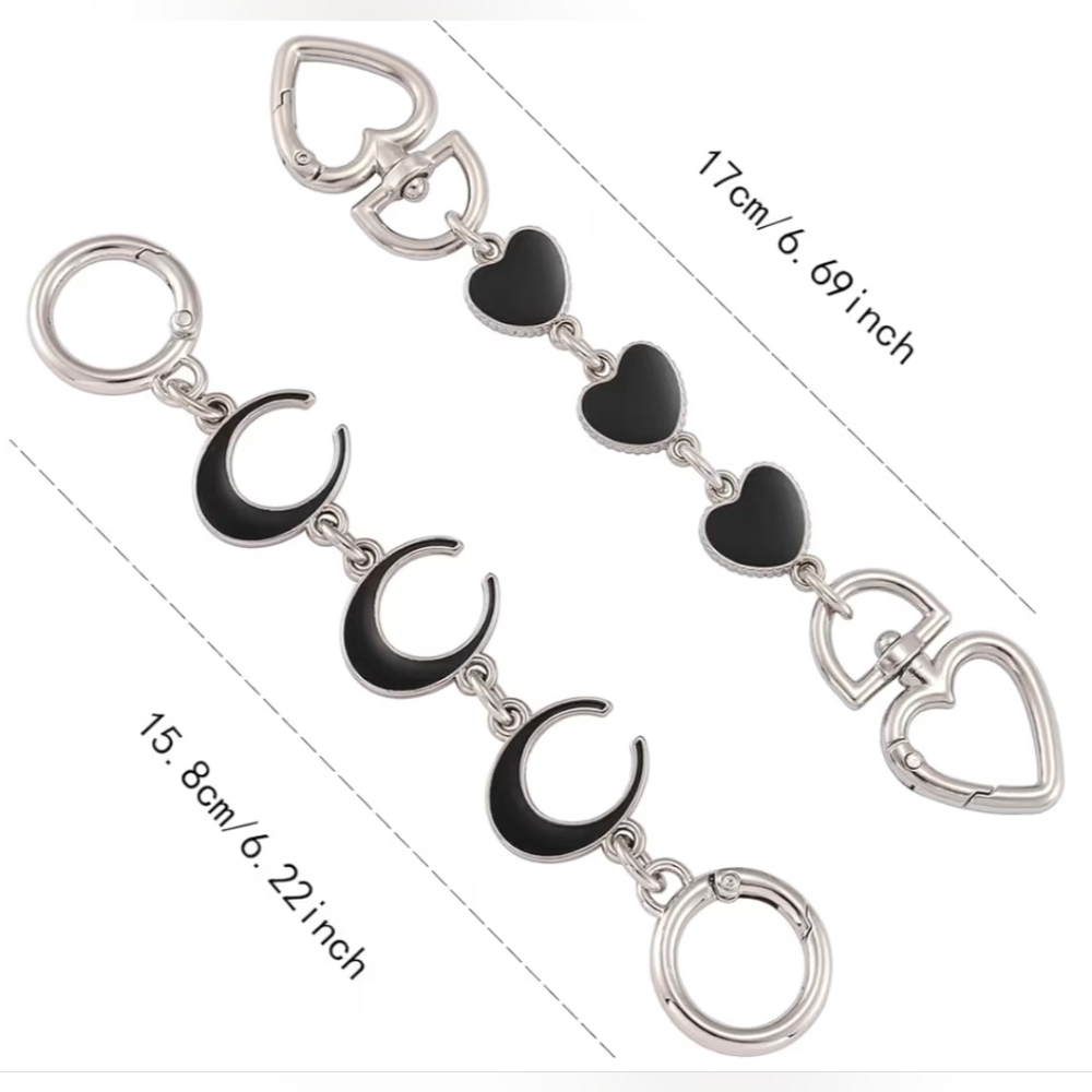 2 Pcs Black And Silver Purse Strap Extenders. Cs/moons And Hearts. New - Picture 2 of 3